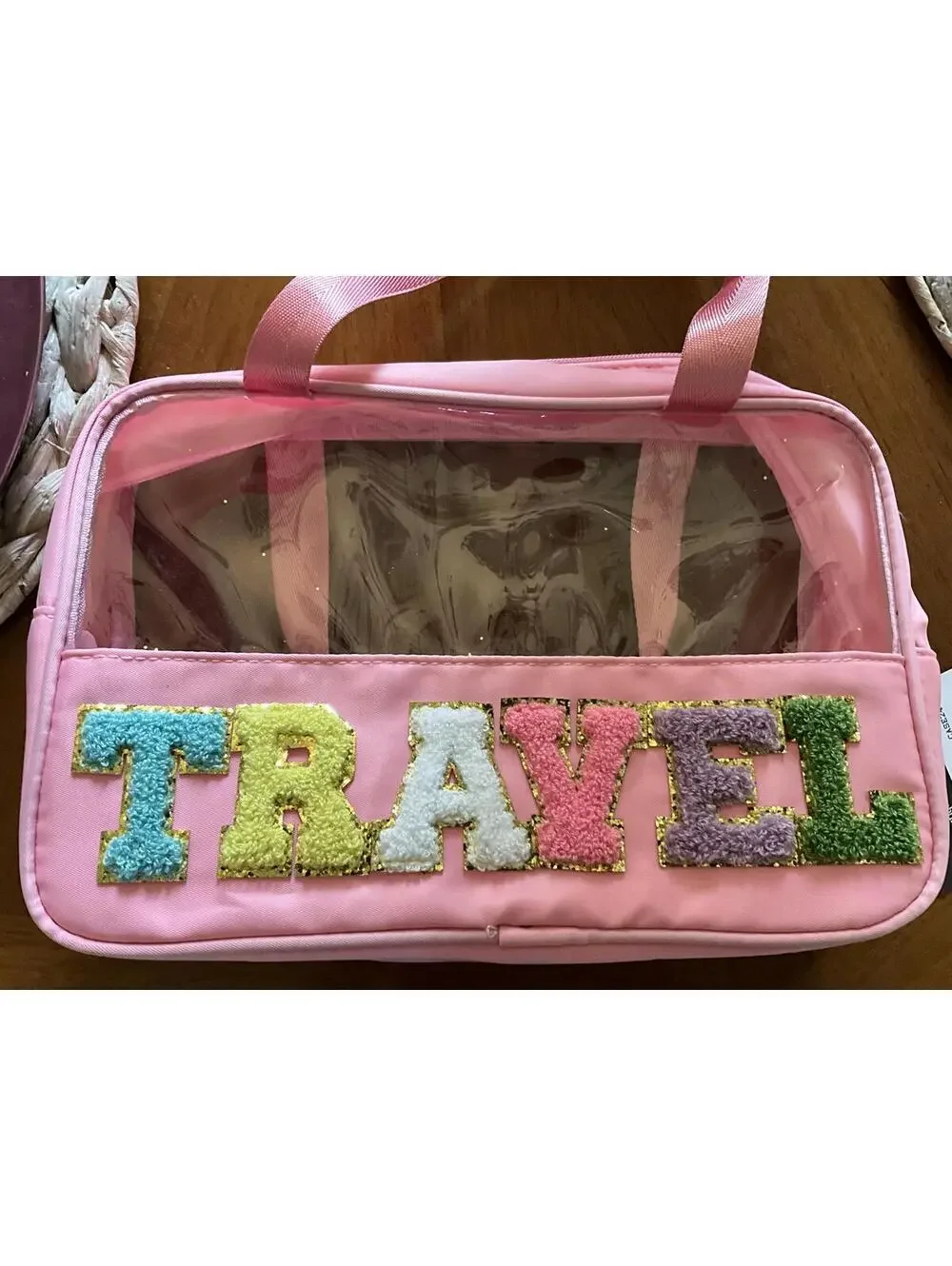 Travel Cosmetic/Toiletry Bag Pink Canvas Chenille Letter Patch NWT